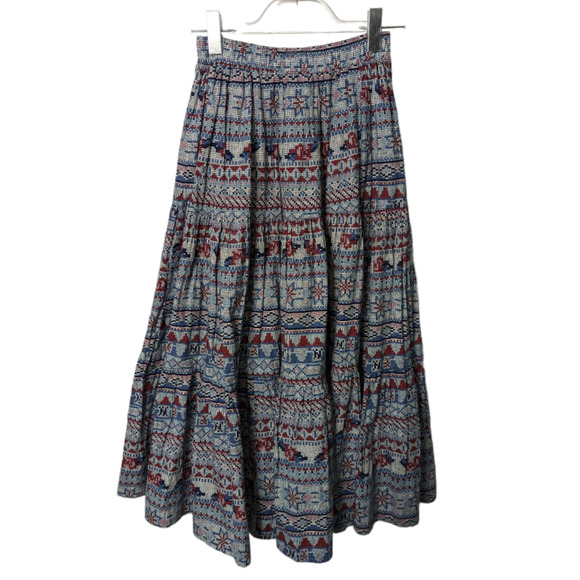 Vintage 80's KWBL Los Angeles Maxi Skirt Tiered Full Pixelated Folk Art Print M - Picture 1 of 8
